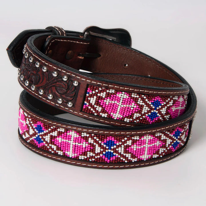 Bar H Western Beaded Inlay Leather Belt - Antique Brown w/Red/White/Cream