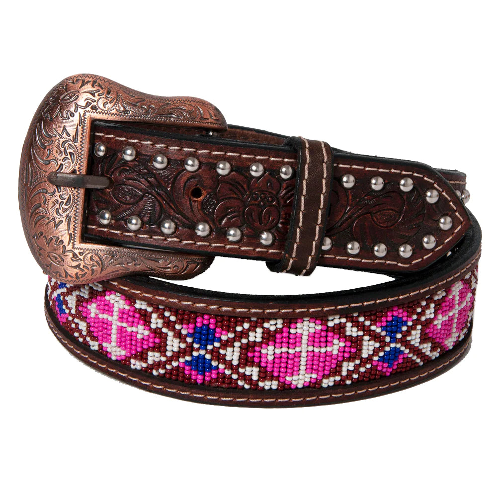 Bar H Western Beaded Inlay Leather Belt - Antique Brown w/Red/White/Cream