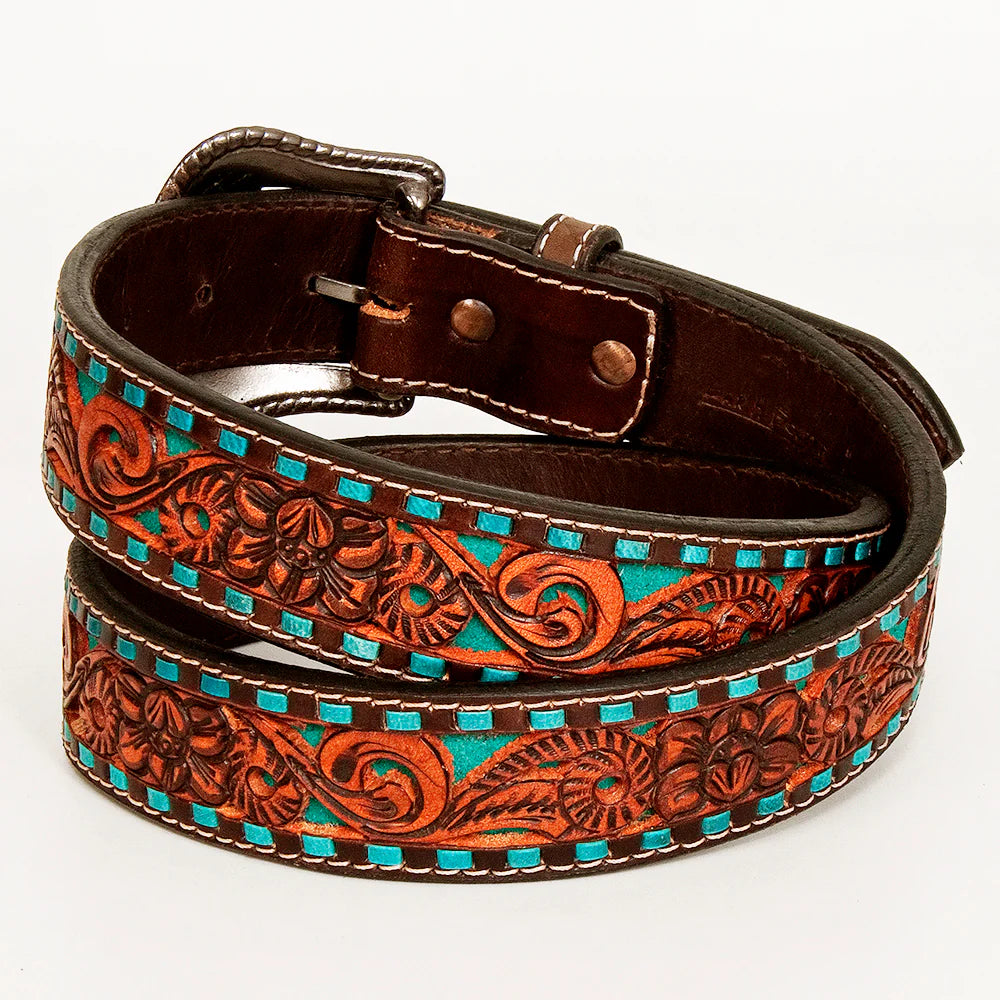 Bar H Tooled Leather Belt - Brown Tooled Flowers with Turquoise Edge