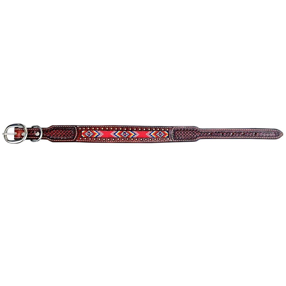 Bar H Western Leather Dog Collar - Red Beaded Inlay