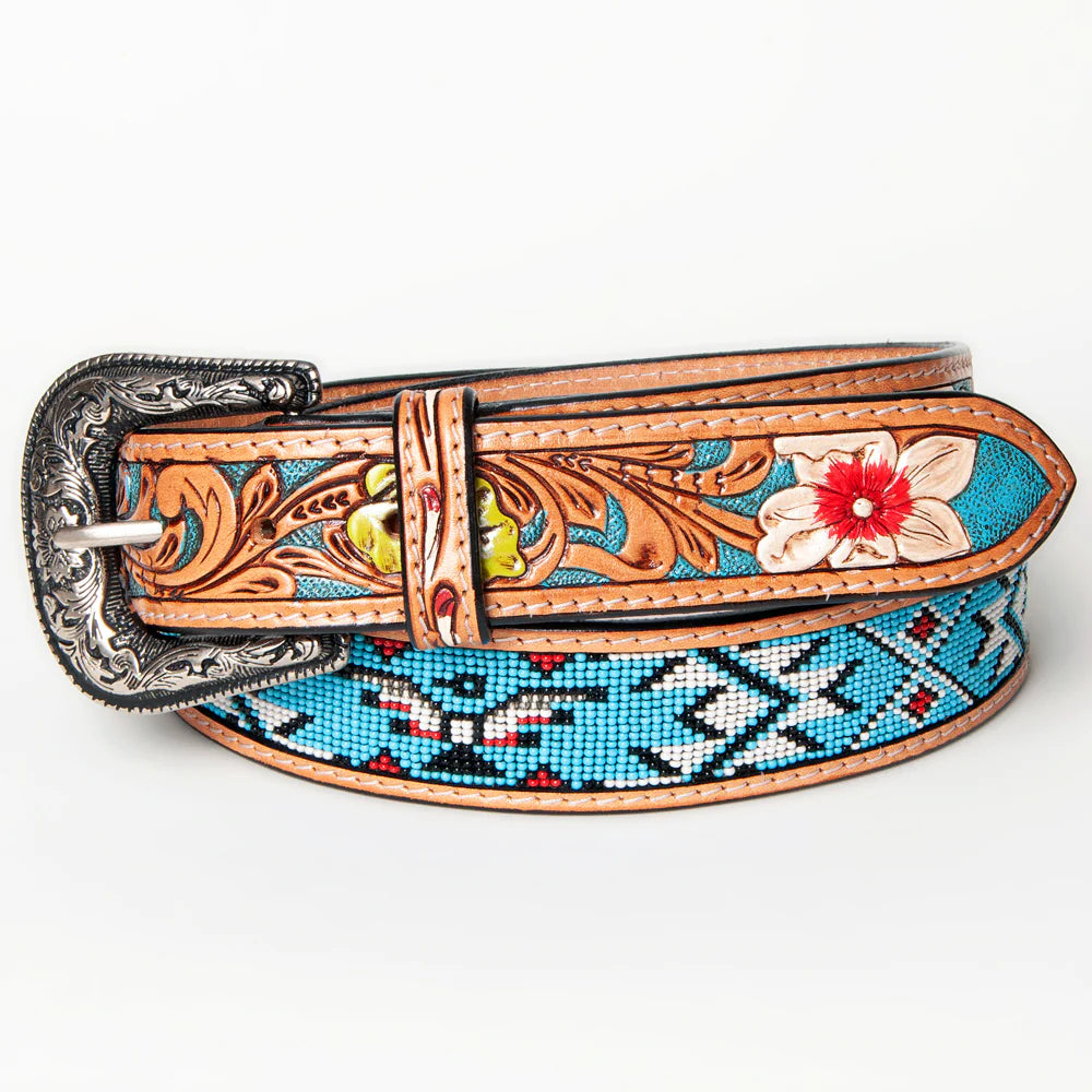 American Darling Women's Hand-Tooled Belt - Turquoise & White Beading