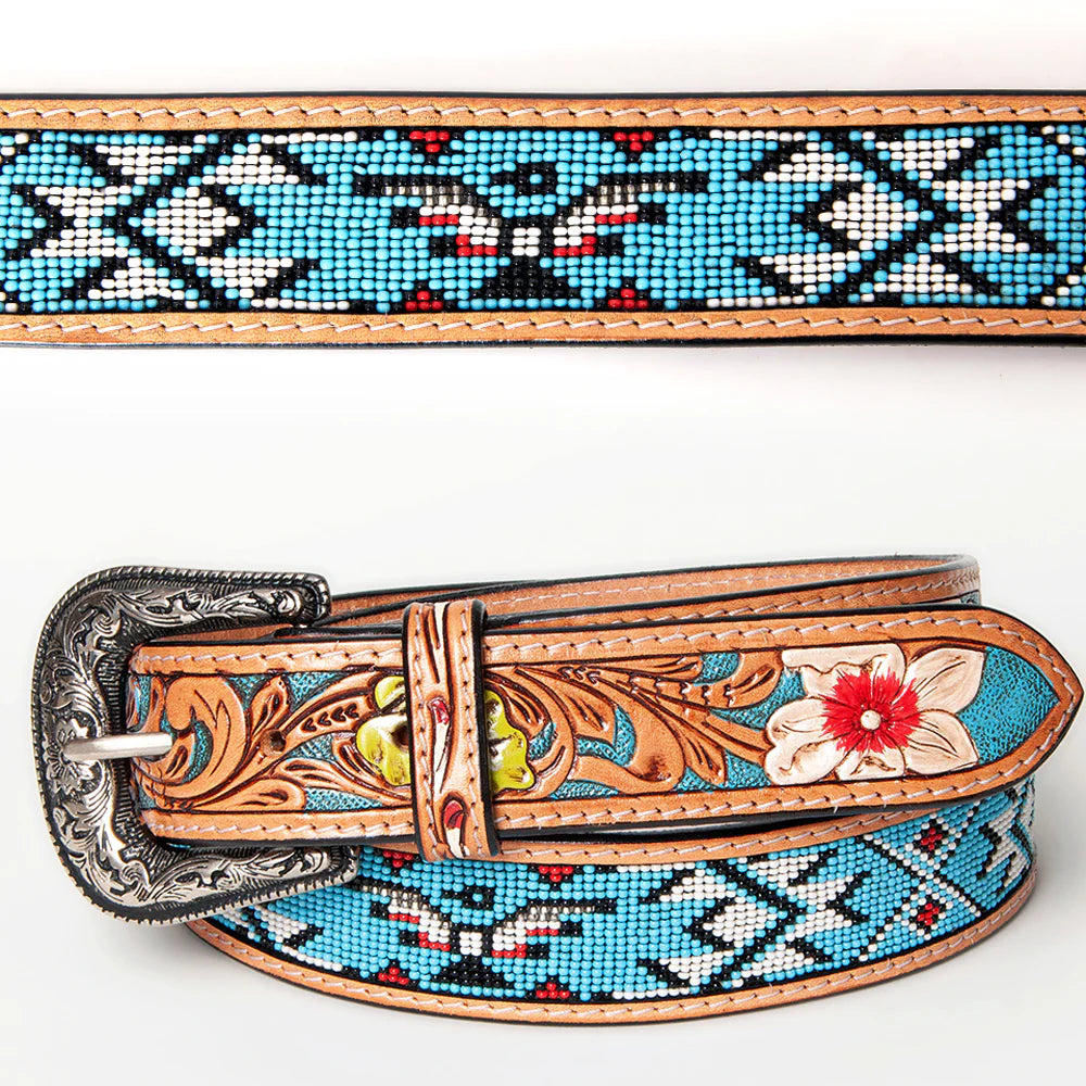 American Darling Women's Hand-Tooled Belt - Turquoise & White Beading