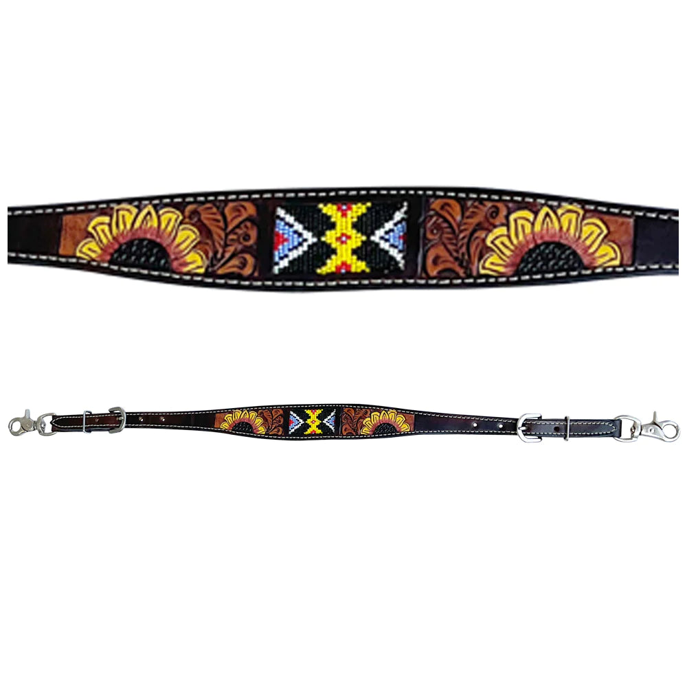 Bar H Western Leather Wither Strap - Beaded Inlay w/Sunflower Tooling
