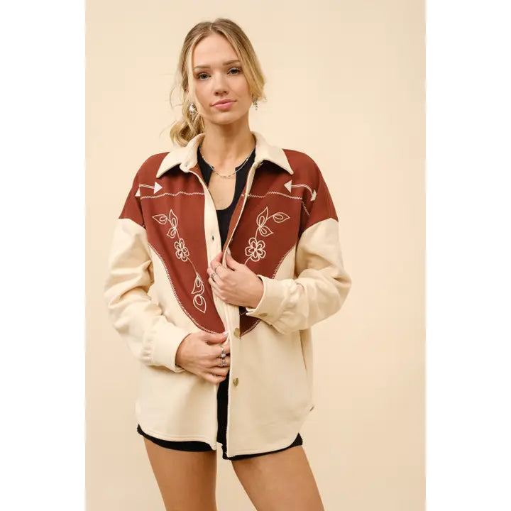 Women's Long Sleeve Western Yoke Embroidered Shirt Jacket- Taupe Brown