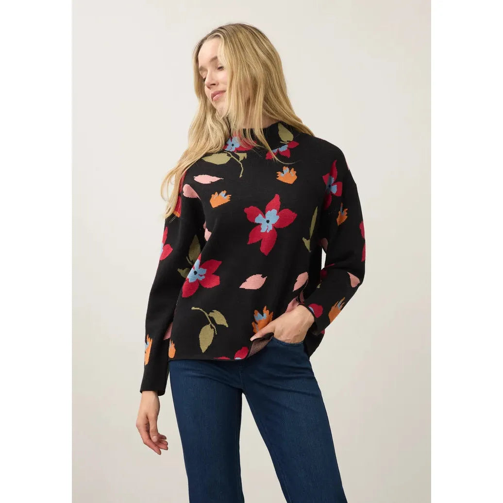 FDJ Rebecca Mock Neck Loose Fit Sweater - Black/Floral