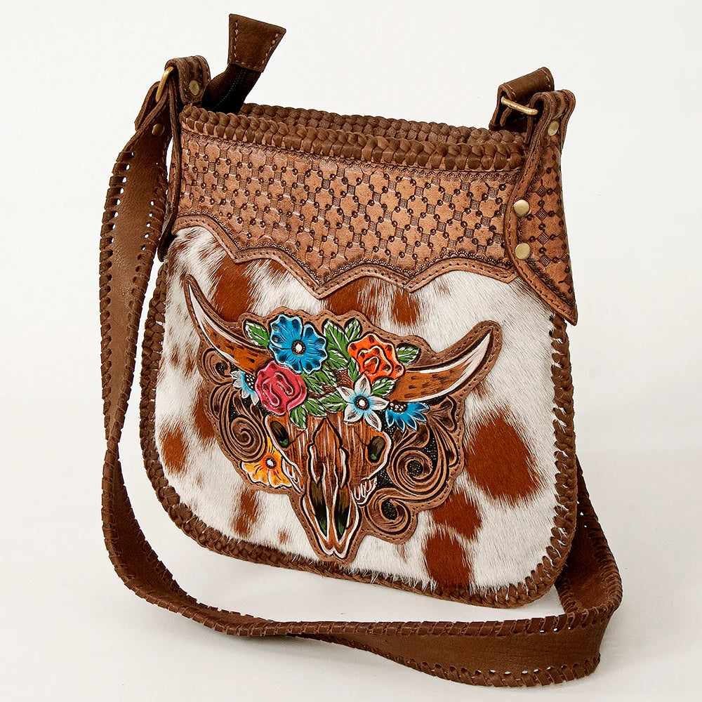 American Darling Hair-On Floral Steerhead Shoulder Purse - Brown