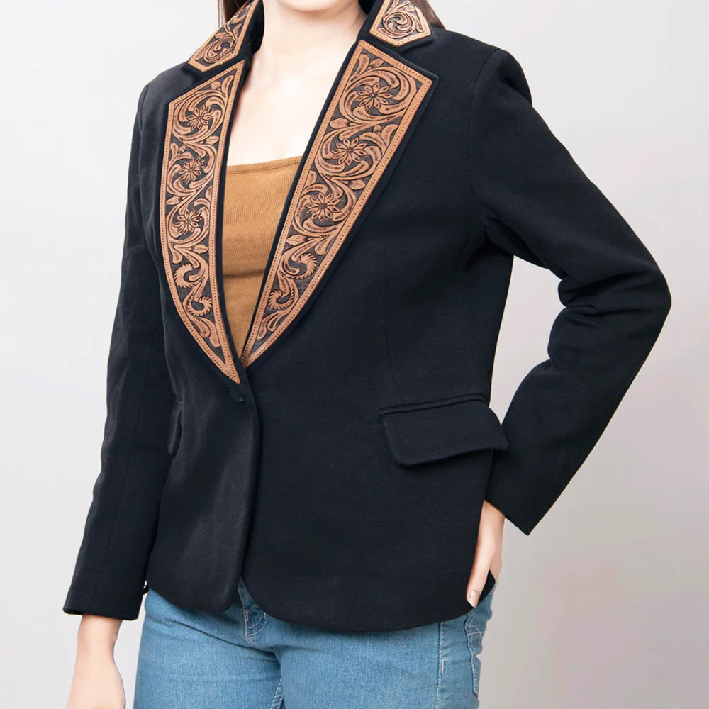 American Darling Women's Blazer w/Leather Lapels - Black w/Tan & Chocolate Inlay