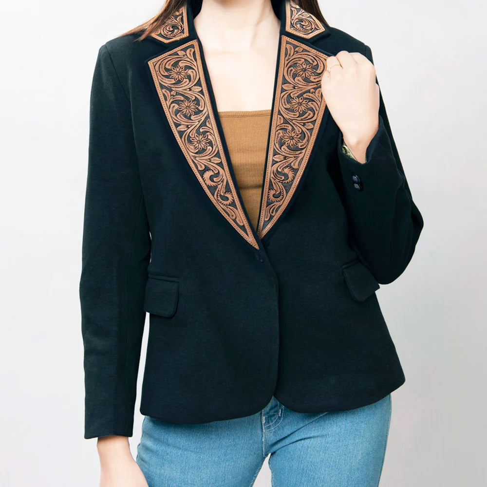 American Darling Women's Blazer w/Leather Lapels - Black w/Tan & Chocolate Inlay