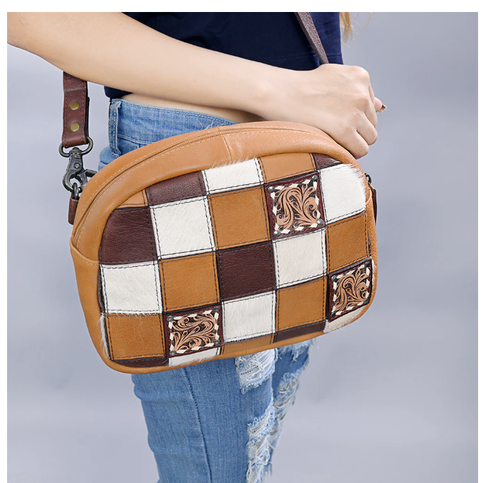 American Darling Women's Hand Tooled Leather Patchwork Crossbody Bag