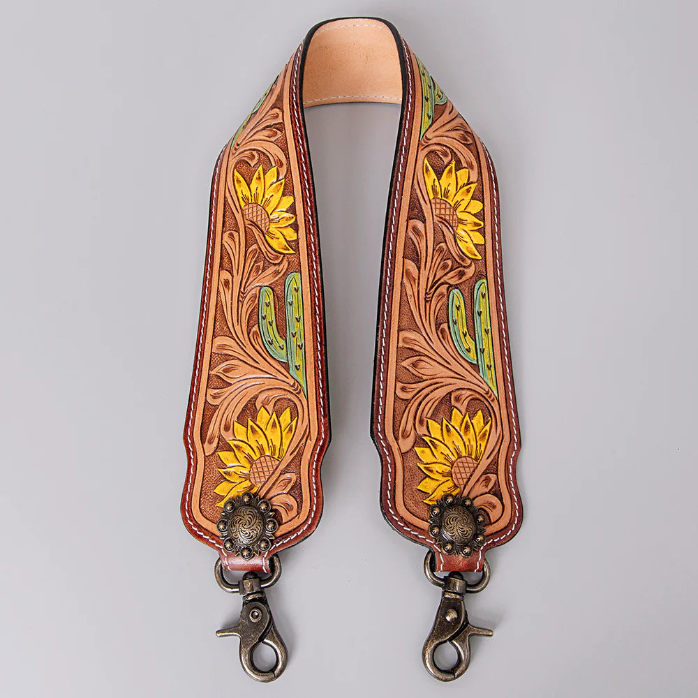 American Darling Hand Tooled Sunflower Cactus Crossbody Handle Strap - Yellow/Green