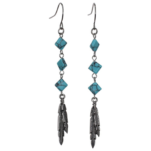 Justin Drop Dangle Square Faux Turquoise Stones and Feather Earrings