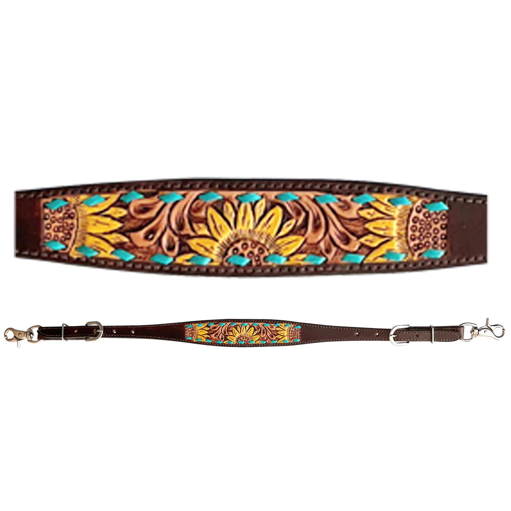 Bar H Western Leather Wither Straps - Sunflower Tooling w/Turquoise Buckstitch