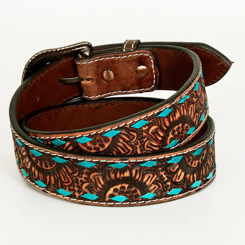 Bar H Tooled Leather Belt - Brown Sunflower with Turquoise Accents