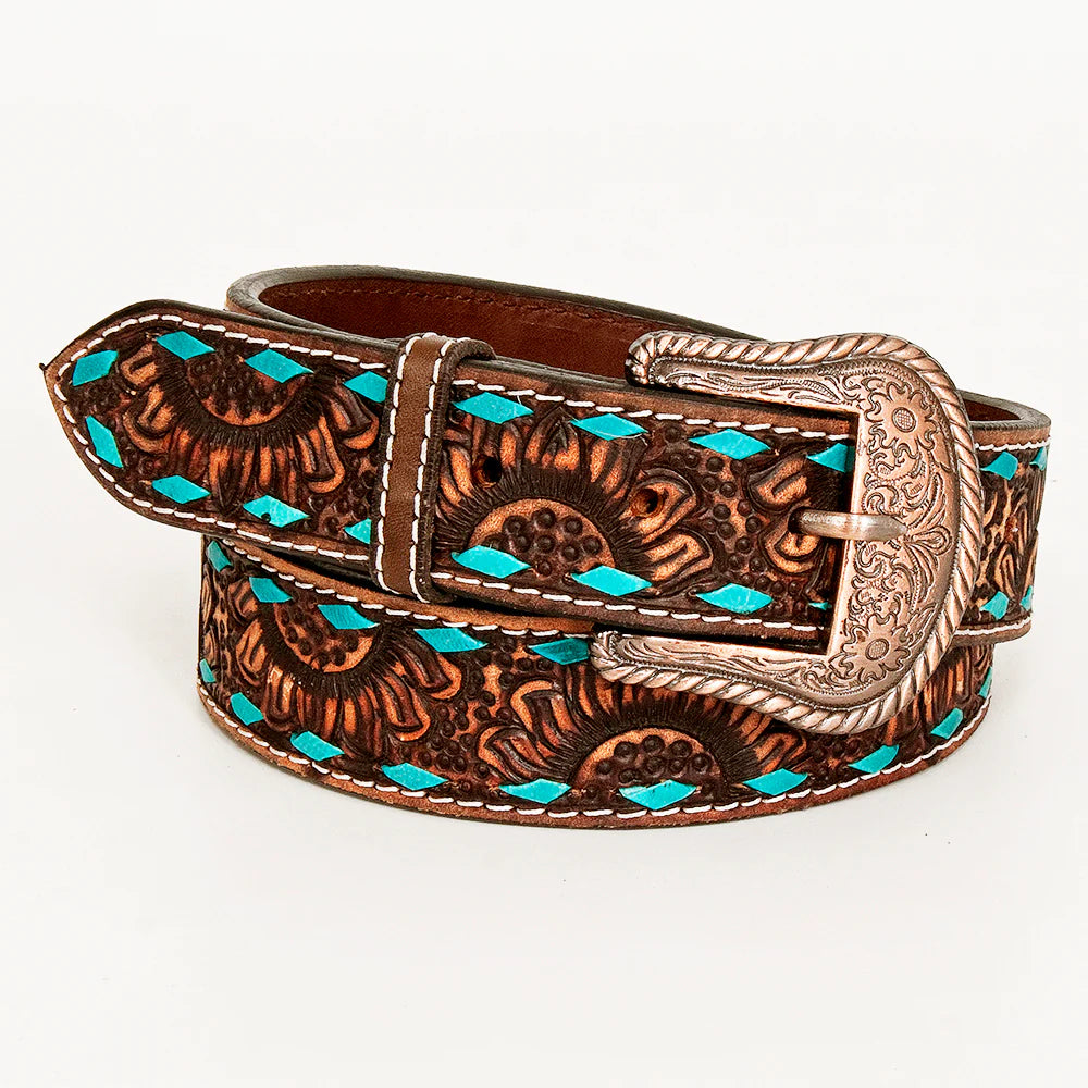 Bar H Tooled Leather Belt - Brown Sunflower with Turquoise Accents