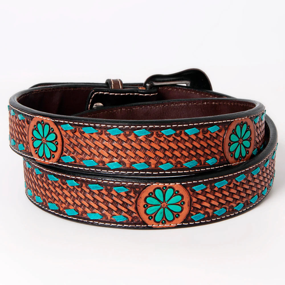 Bar H Tooled Leather Belt - Brown with Turquoise Accents