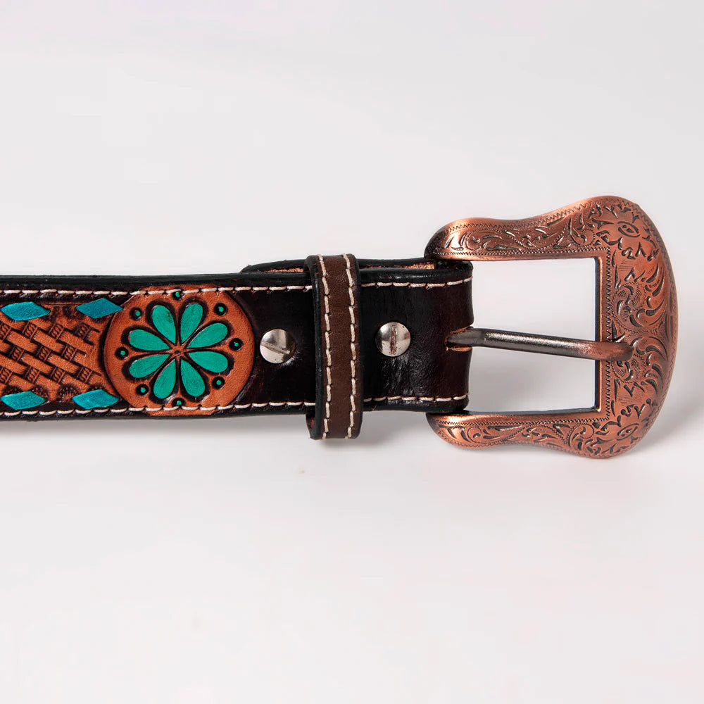 Bar H Tooled Leather Belt - Brown with Turquoise Accents