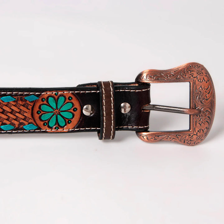 Bar H Tooled Leather Belt - Brown with Turquoise Accents