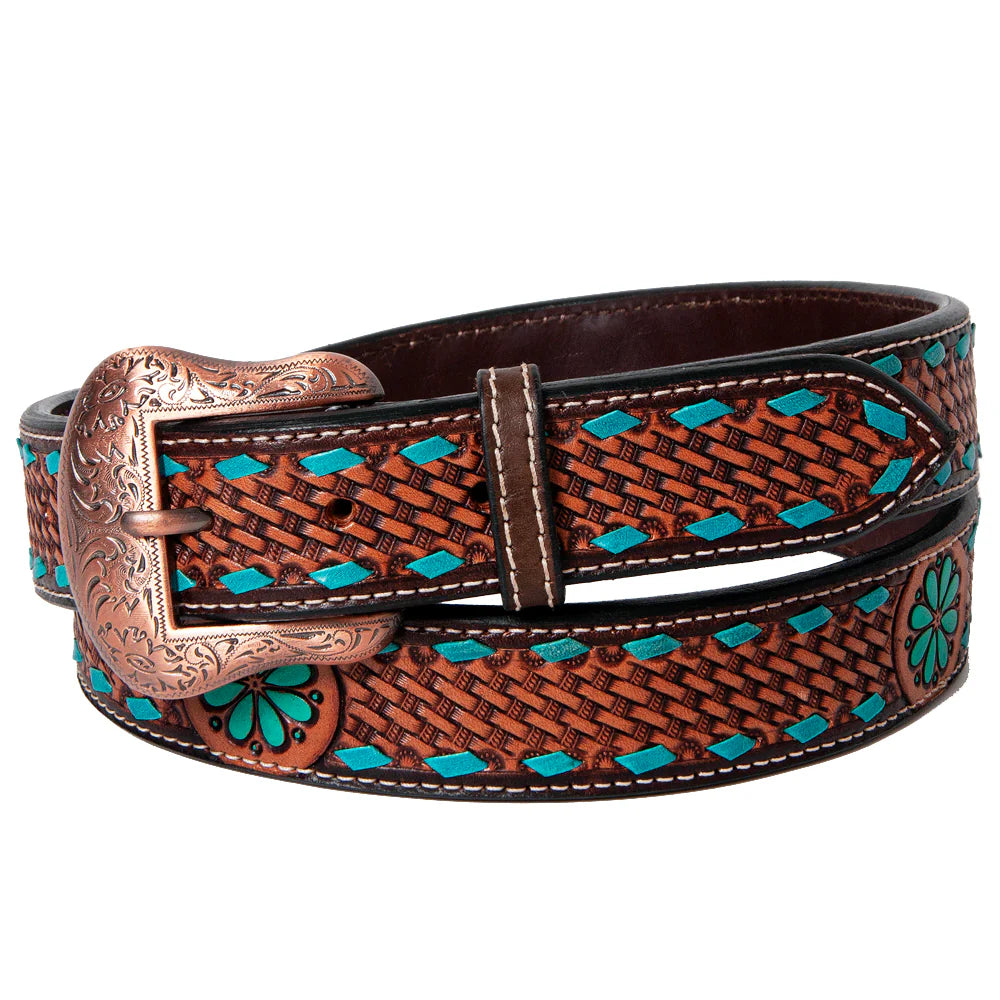 Bar H Tooled Leather Belt - Brown with Turquoise Accents