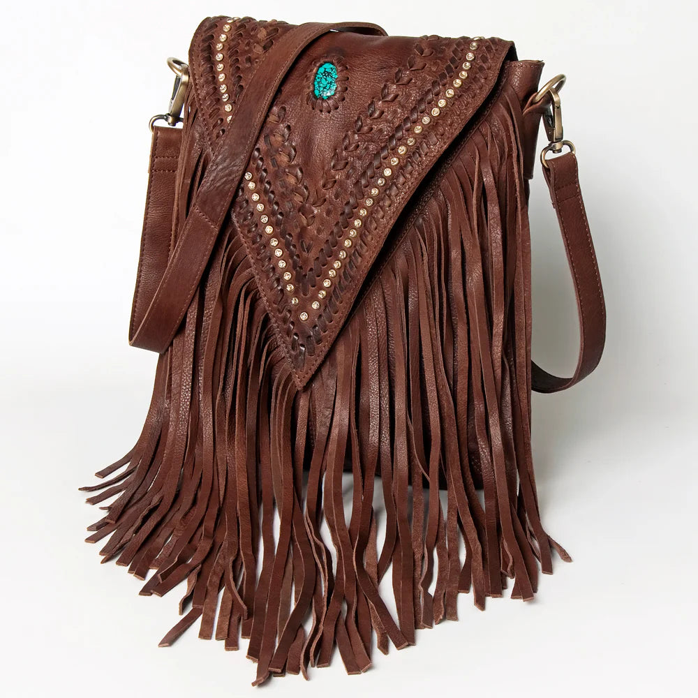 American Darling Leather Fringe Messanger Bag-V-Cut Flaps-Dark Leather