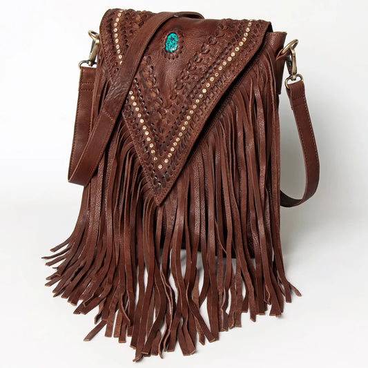 American Darling Leather Fringe Messanger Bag-V-Cut Flaps-Dark Leather