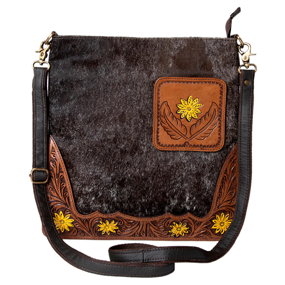 Ohlay Hand Tooled Hair On Large Crossbody Purse - Brown/Yellow