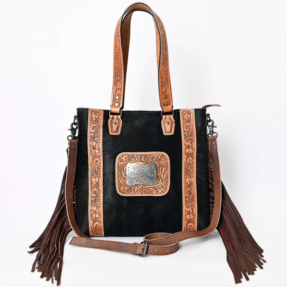 American Darling Western Hair-On Cowhide Tooled Leather & Fringe Tote