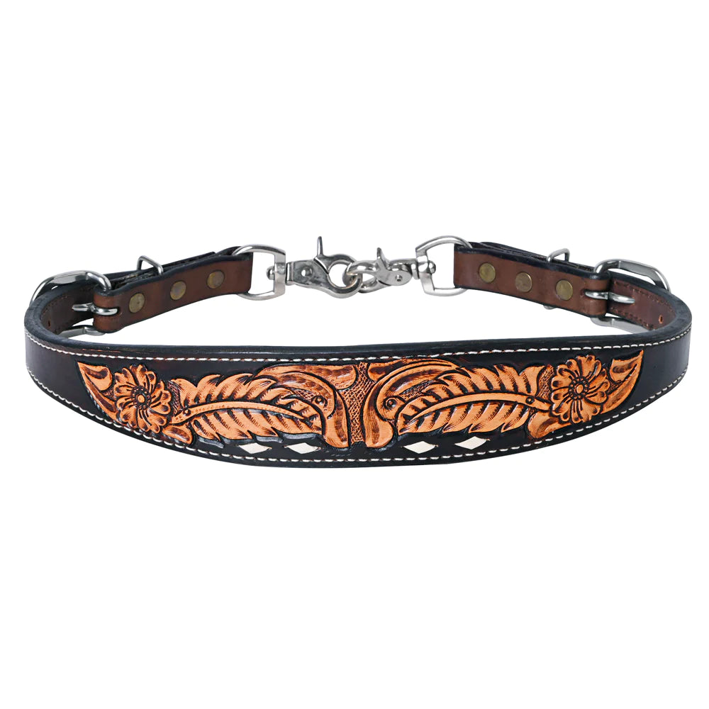 Bar H Western Leather Wither Strap - Black w/Brown Center Tooling