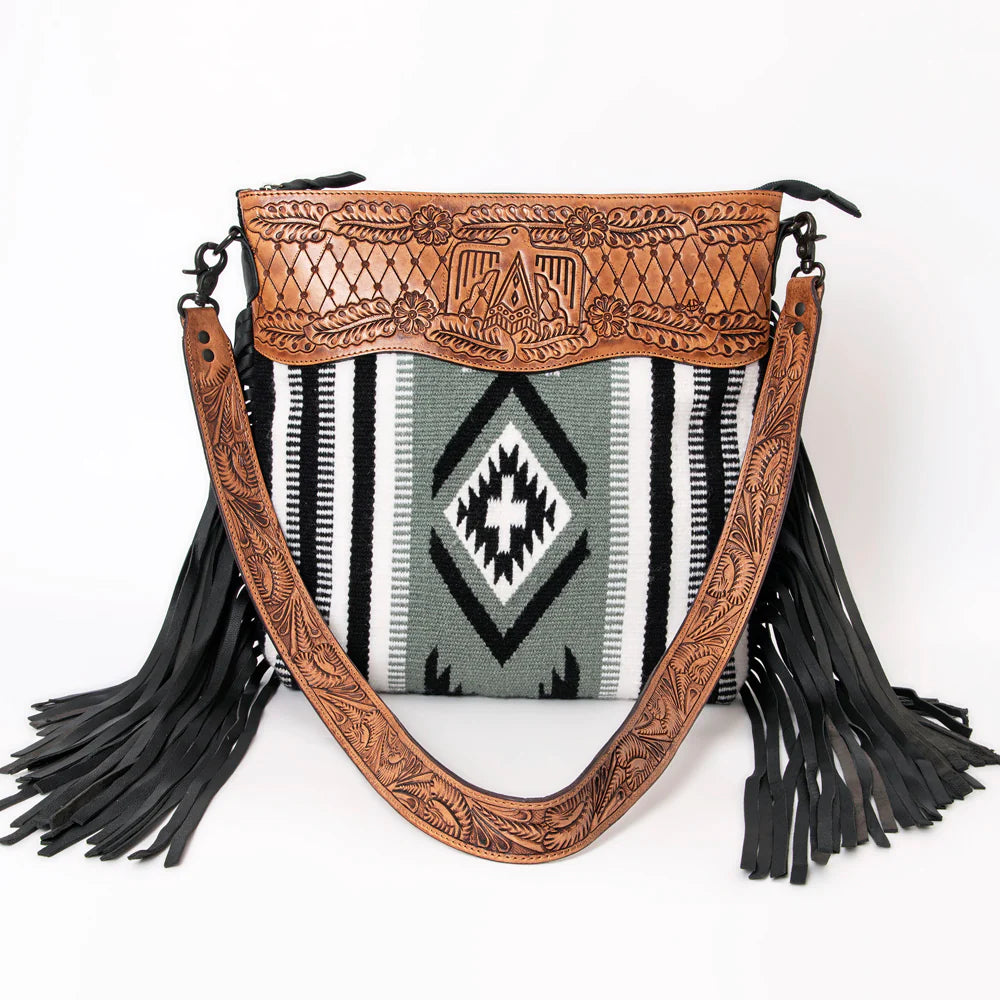American Darling Signature Hand Tooled Eagle Saddle Blanket Large Crossbody Purse - White/Black