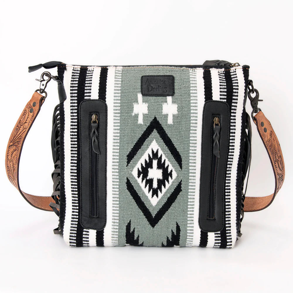 American Darling Signature Hand Tooled Eagle Saddle Blanket Large Crossbody Purse - White/Black