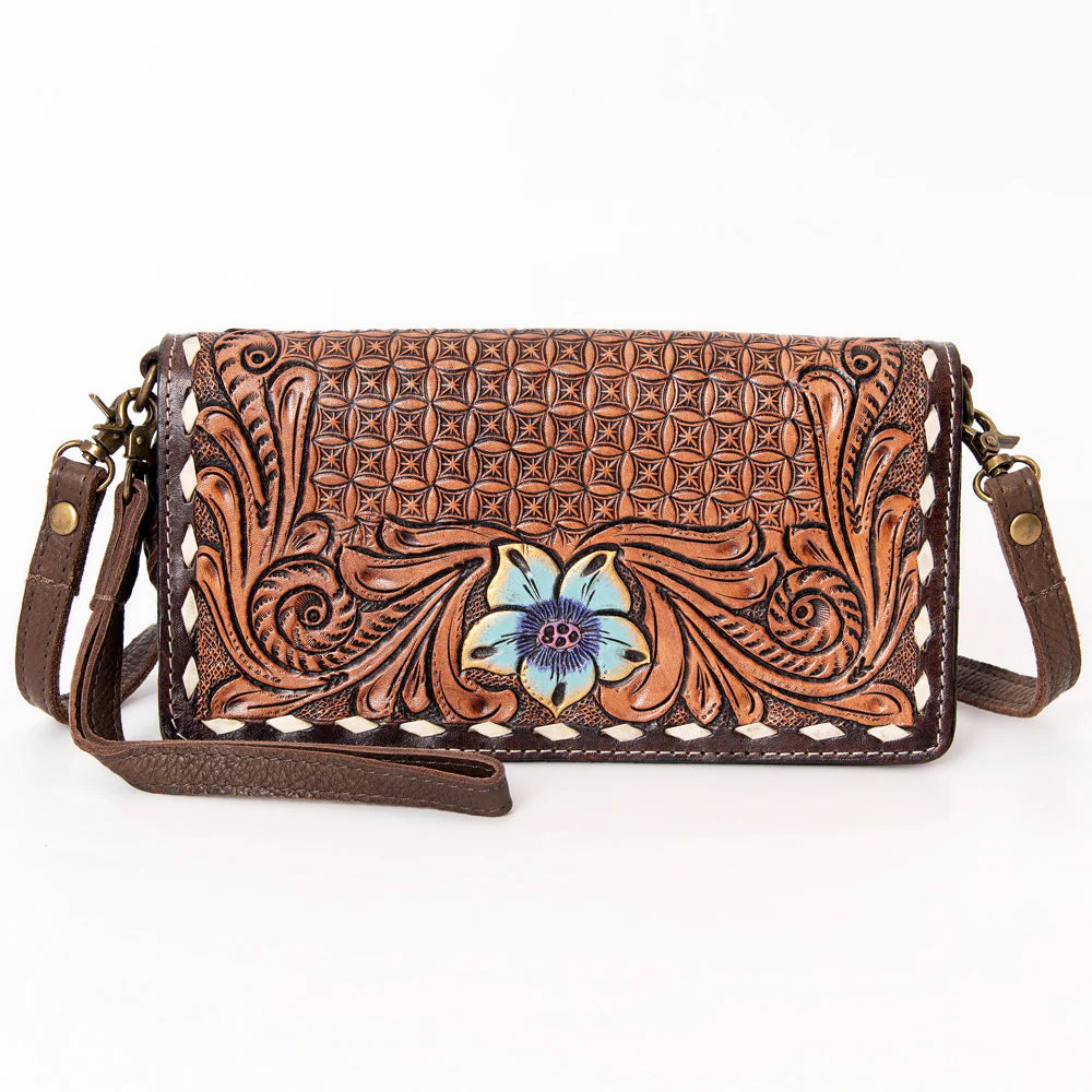 American Darling Hand Tooled Floral Flap Crossbody Purse - Tan/Blue/Purple