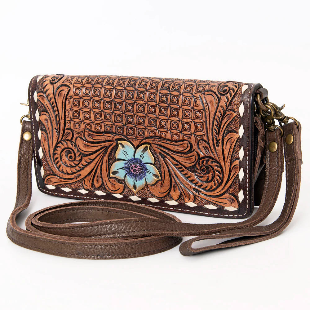 American Darling Hand Tooled Floral Flap Crossbody Purse - Tan/Blue/Purple