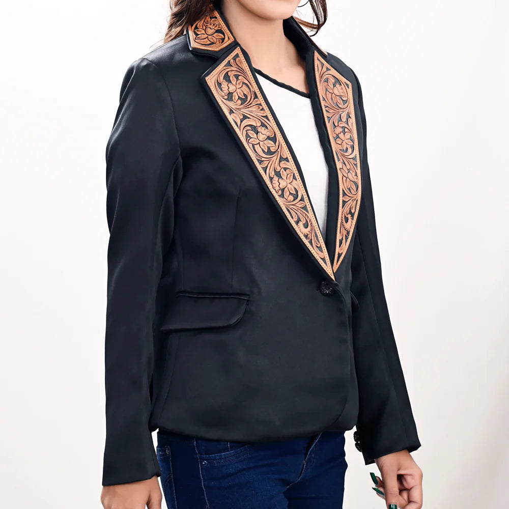 American Darling Women's Blazer w/Leather Lapels - Black w/Tan & Black Inlay