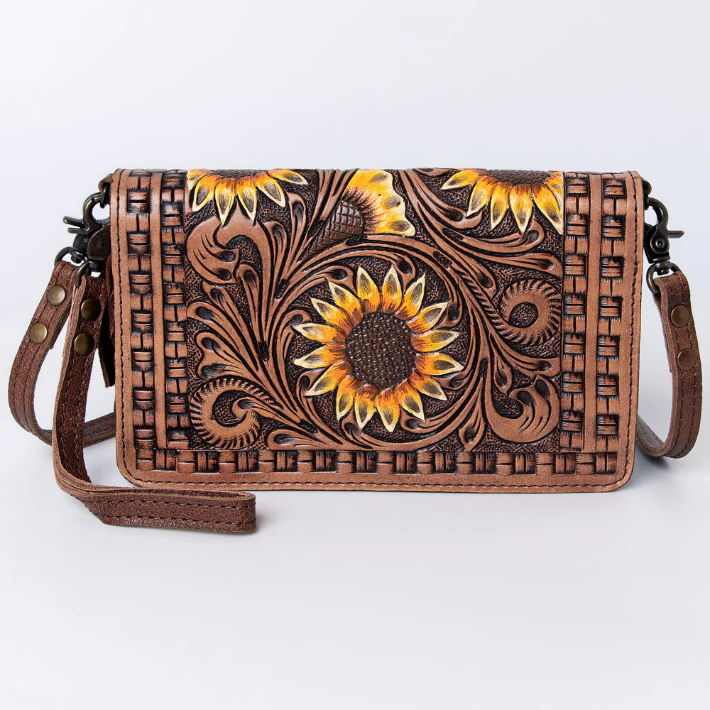 American Darling Women's Hand-Tooled Sunflower Crossbody Purse - Tan/Yellow