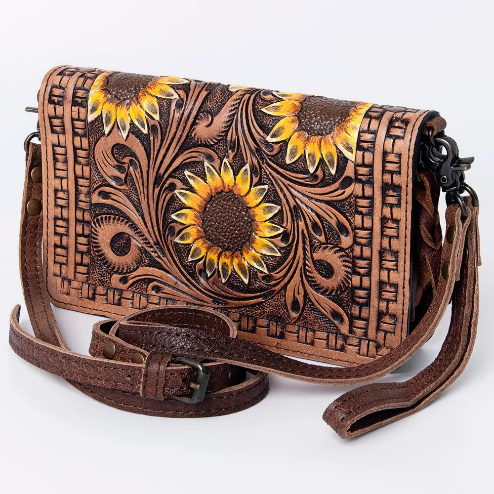 American Darling Women's Hand-Tooled Sunflower Crossbody Purse - Tan/Yellow