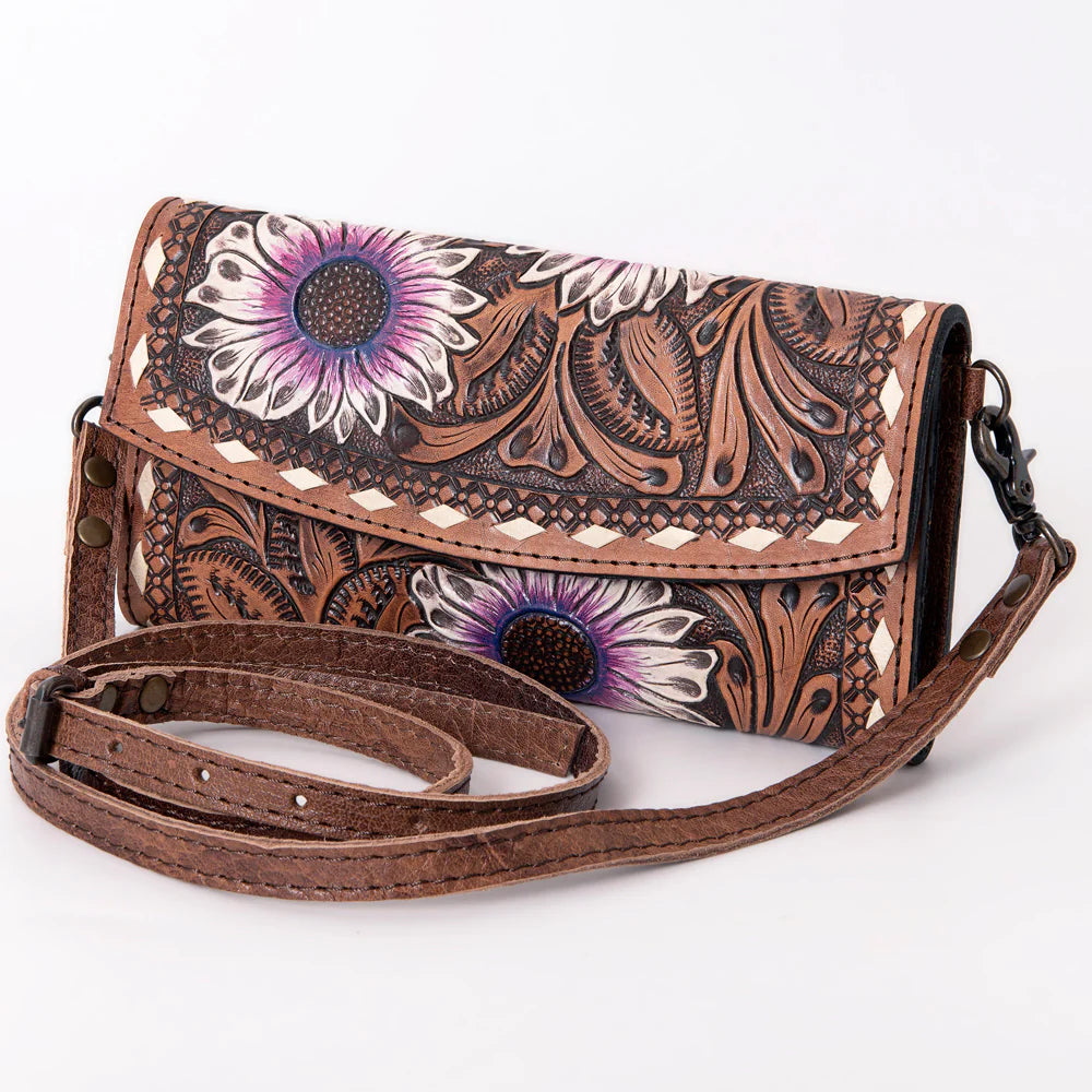 American Darling Leather Hand-Tooled Crossbody Purse - Chocolate w/Purple Flowers