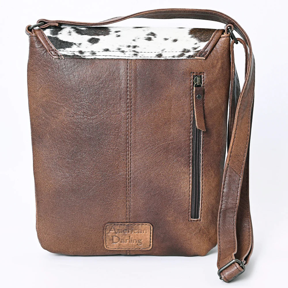 American Darling Feather Tooled Fringe Cowhide Leather Western Chaps Style Crossbody Bag
