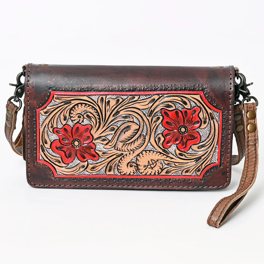American Darling Hand Tooled Crossbody Purse w/ Red Floral Accents