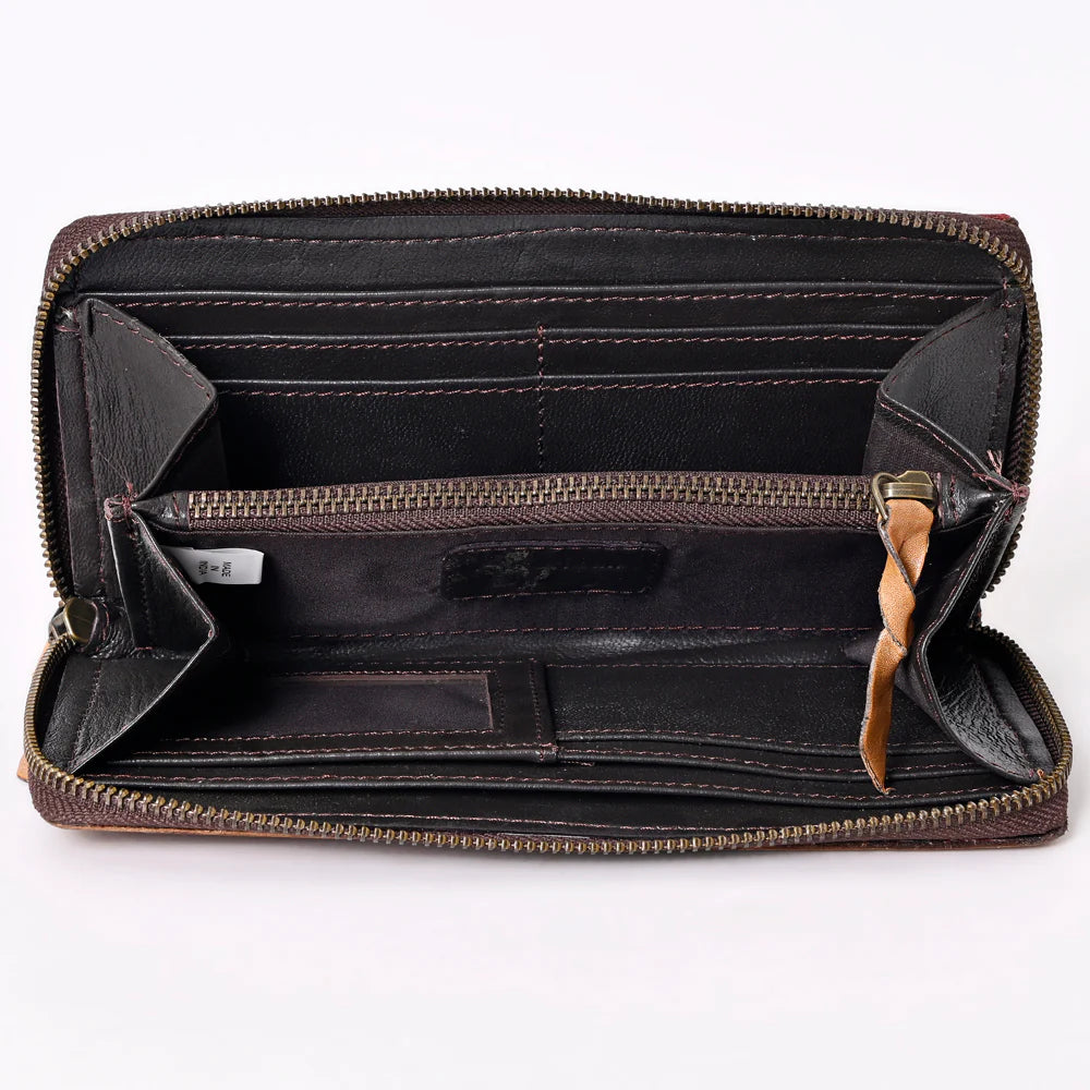 American Darling Leather Hand-Tooled Zip-Up Wallet - Tan