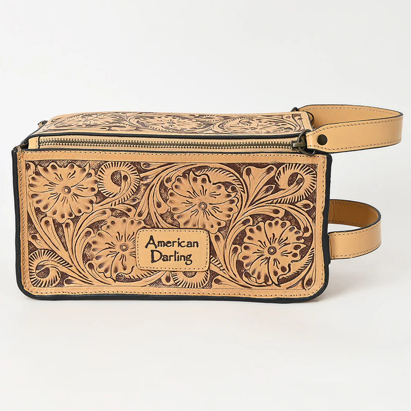 American Darling Natural Hand Tooled Leather Toiletry Bag - Western Floral Toiletry or Travel Case
