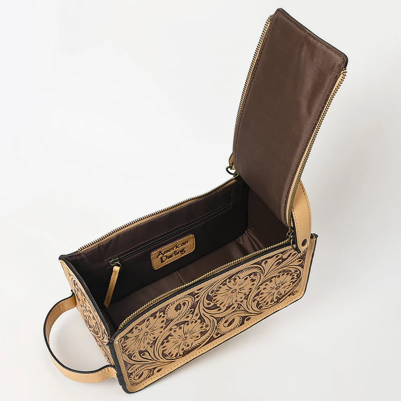 American Darling Natural Hand Tooled Leather Toiletry Bag - Western Floral Toiletry or Travel Case