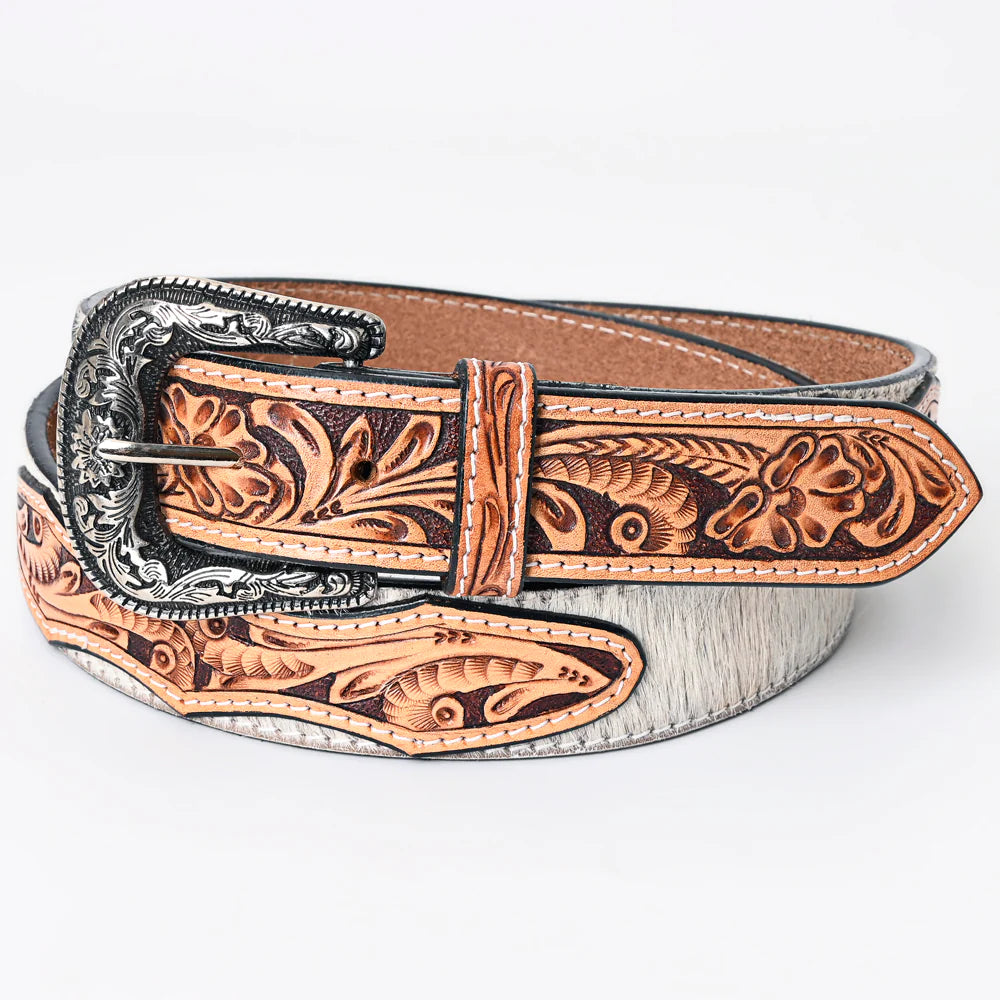 American Darling Unisex Tooled Leather Belt - White Cowhide - Irvine Tack &amp; Western Wear