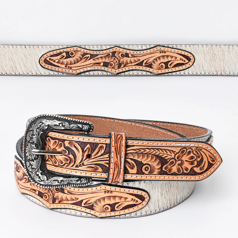 American Darling Unisex Tooled Leather Belt - White Cowhide