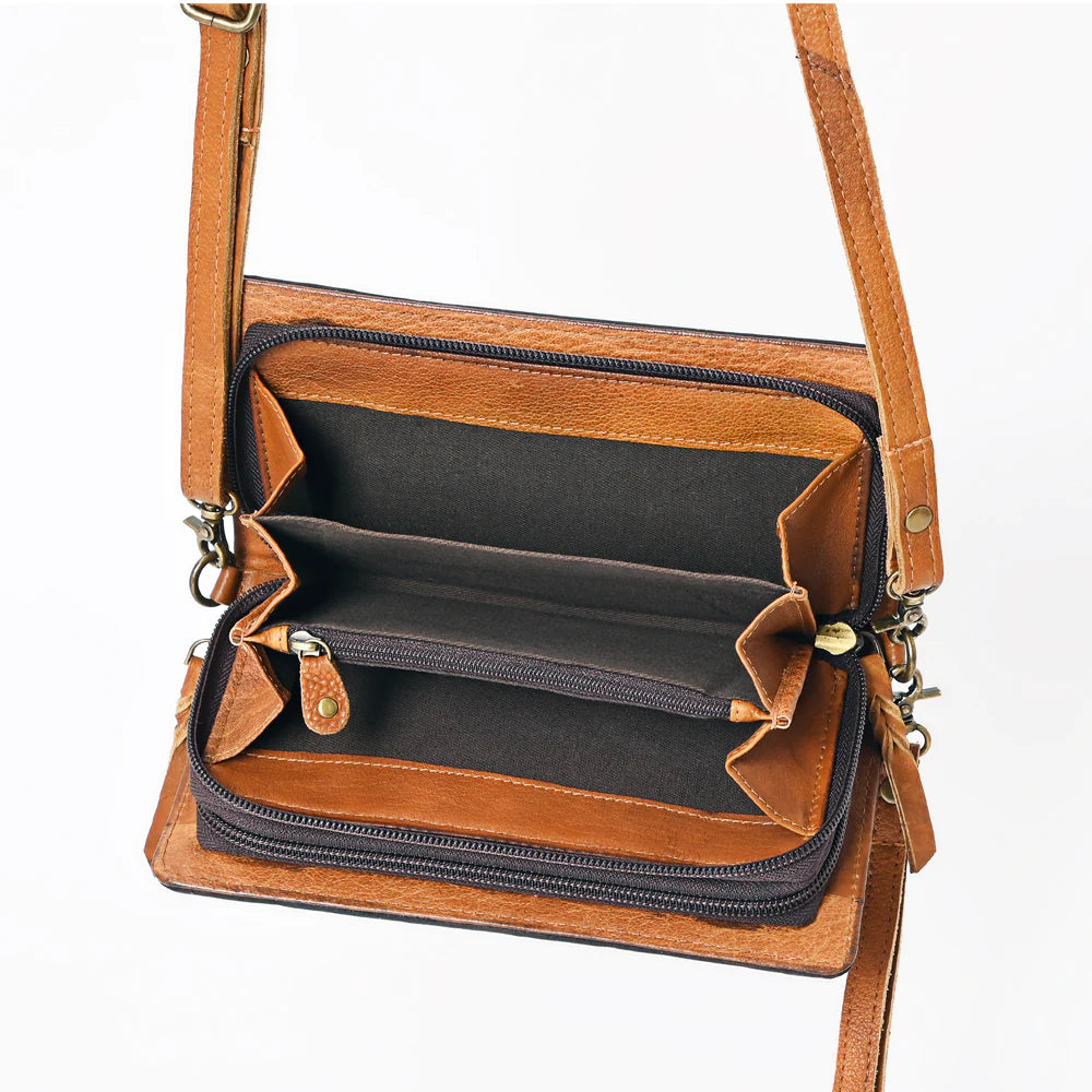 American Darling Hand Tooled Floral Flap Crossbody Purse - Tan/Yellow/Orange/Pink