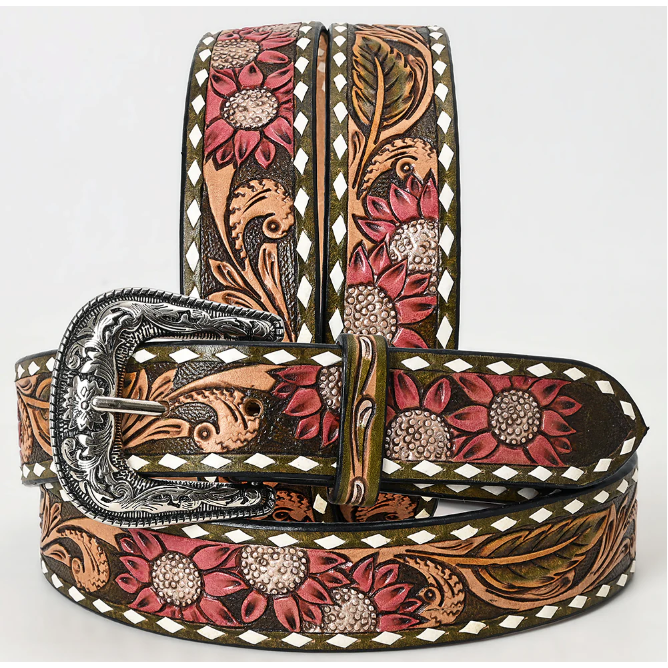 American Darling Tooled Leather Belt - Pink Flower