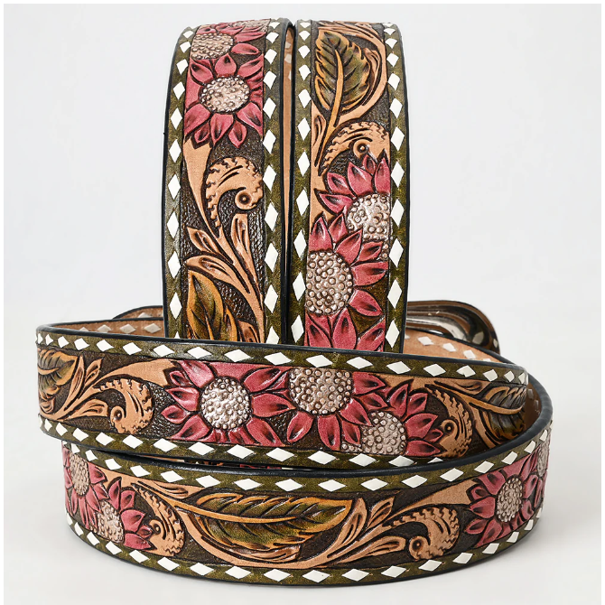 American Darling Tooled Leather Belt - Pink Flower