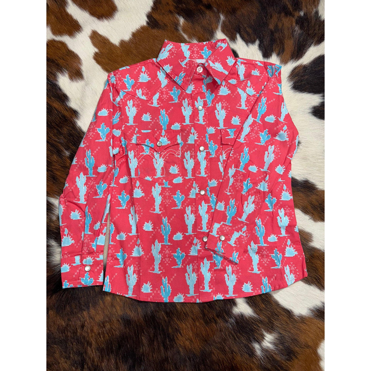 Panhandle Girl's Cactus Long Sleeve Western Shirt- Coral