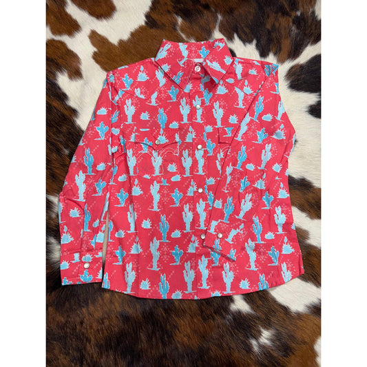 Panhandle Girl's Cactus Long Sleeve Western Shirt- Coral