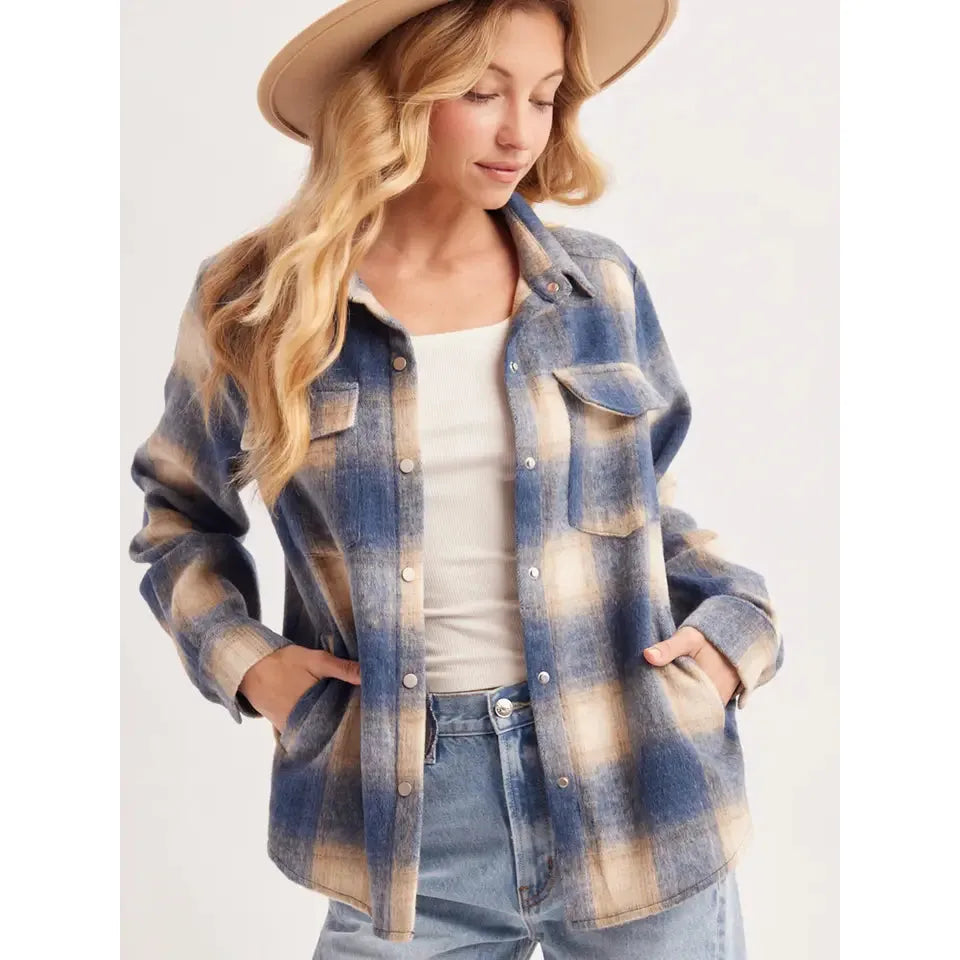 Bluivy Women's Long Sleeve Button Down Plaid Shacket- Blue