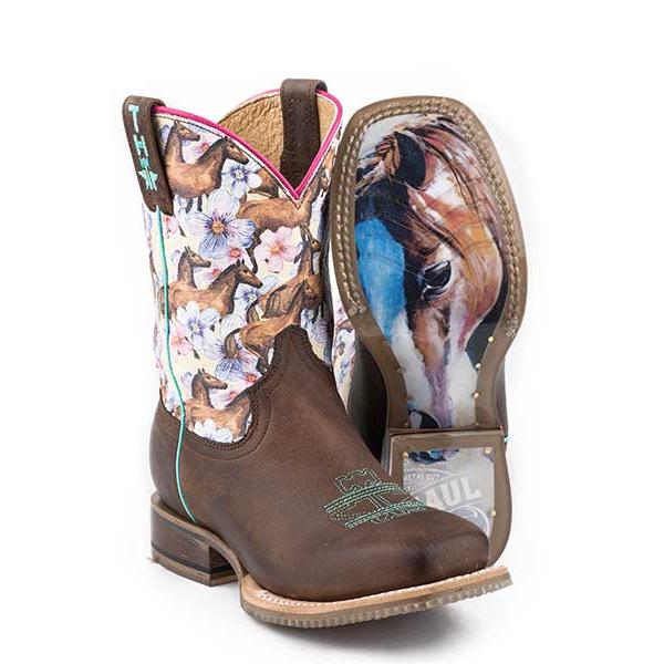 Tin Haul Chestnut & Daisy Kids Square Toe Western Boots- Brown