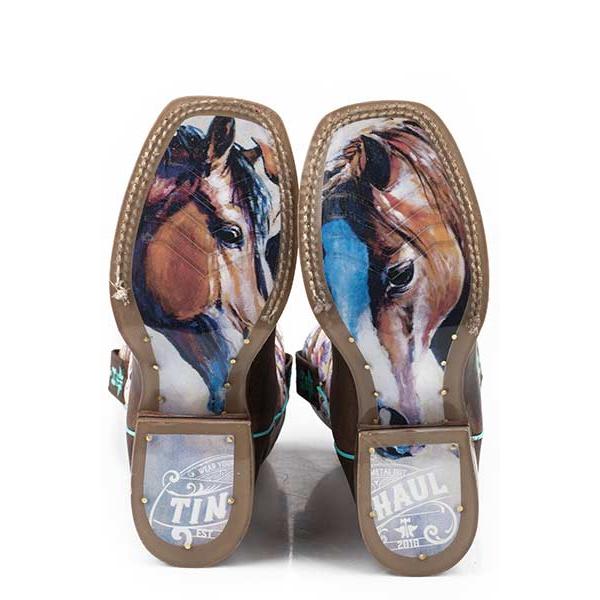 Tin Haul Chestnut & Daisy Kids Square Toe Western Boots- Brown
